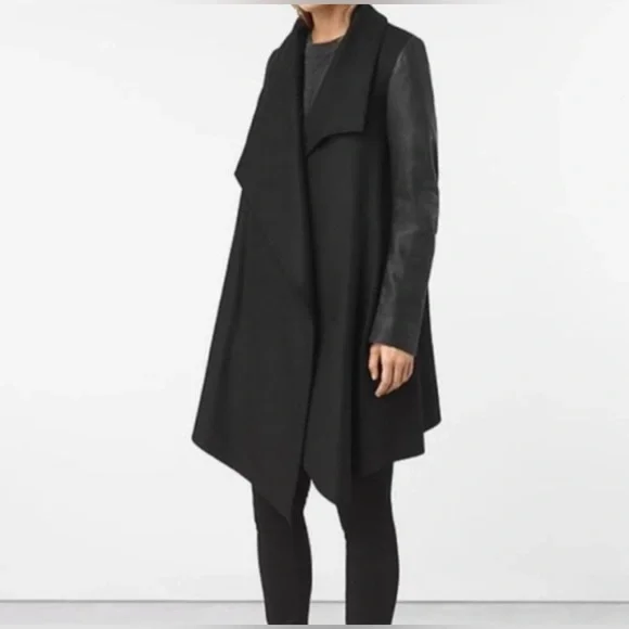 ALL SAINTS Hyde Monument Wool and Leather Blend Coat - Picture 2 of 15